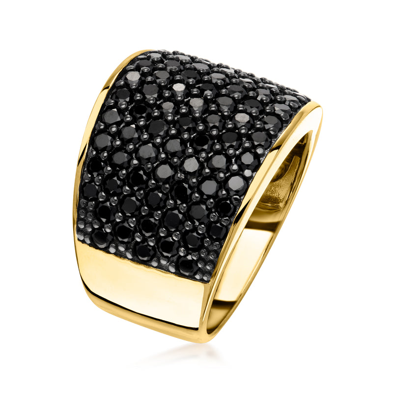 Pave black spinel ring with a wide curved 18kt gold over sterling band