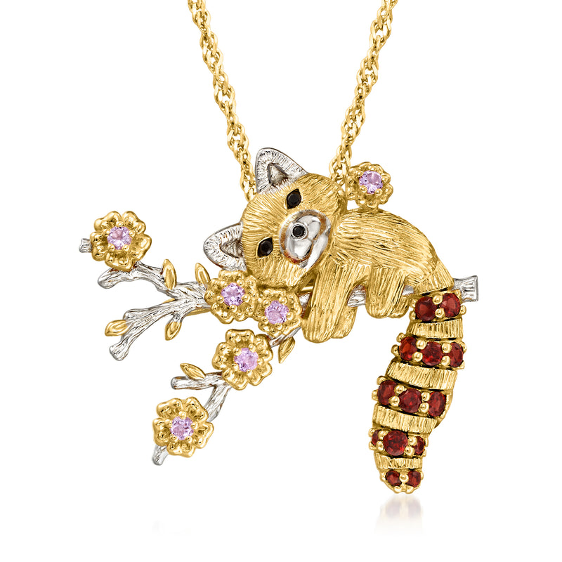 Gold-tone red panda pendant necklace with pink gemstones, red spinel accents, chain
