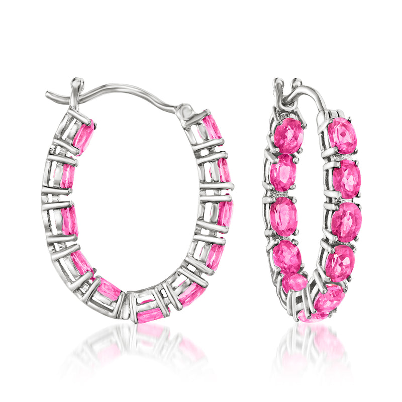 Sterling silver hoop earrings with pink topaz inside-and-out side stones