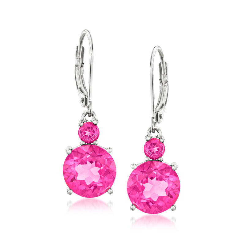 Sterling silver leverback drop earrings with pink round topaz and dangling faceted stone