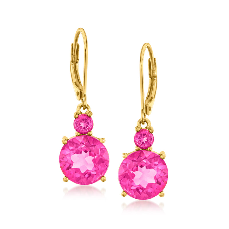 Pink topaz drop earrings with gold leverback, small round and large oval pink stones