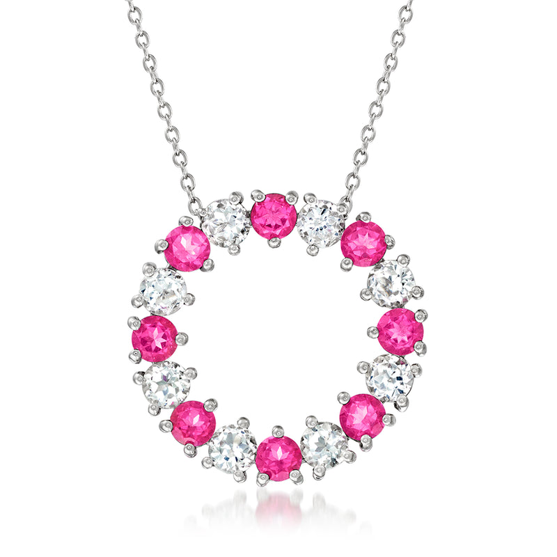 Sterling silver pendant necklace with round pink and white gemstone circle and chain