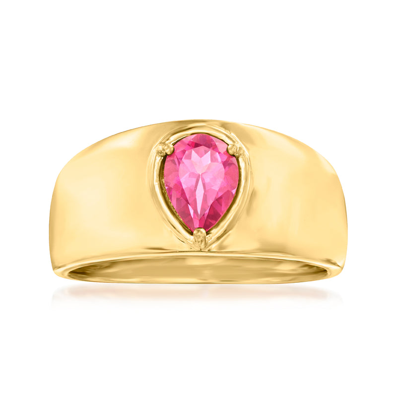 Gold-tone ring with pink teardrop gemstone center bezel setting
