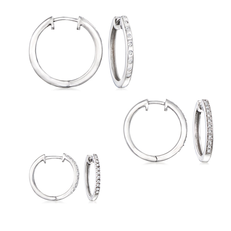 Sterling silver hoop earring set: three pairs, two plain and one diamond-accented