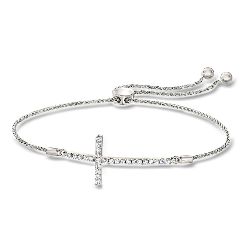 Sterling silver bolo bracelet with diamond cross charm and slider clasp