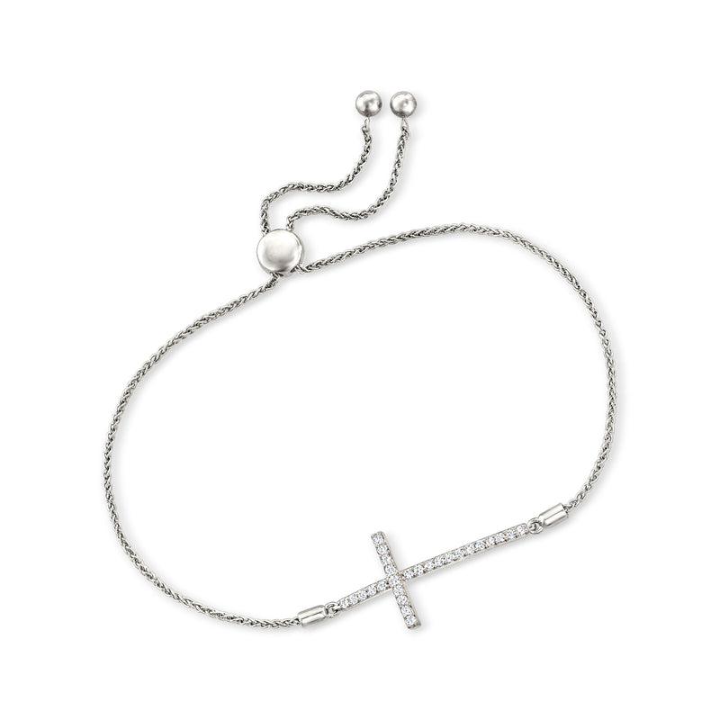 Diamond cross bolo bracelet in sterling silver with bead slider ends