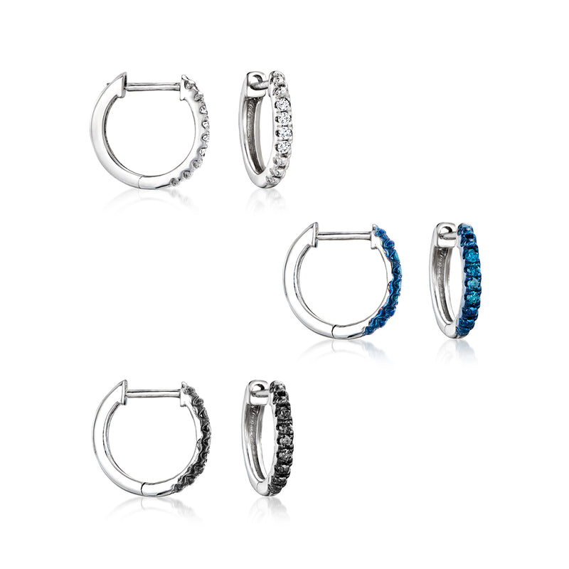Sterling silver huggie hoop earring set, three pairs with clear and blue stones