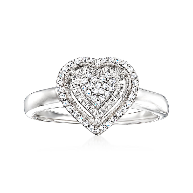 Sterling silver heart diamond ring with pavé heart-shaped setting