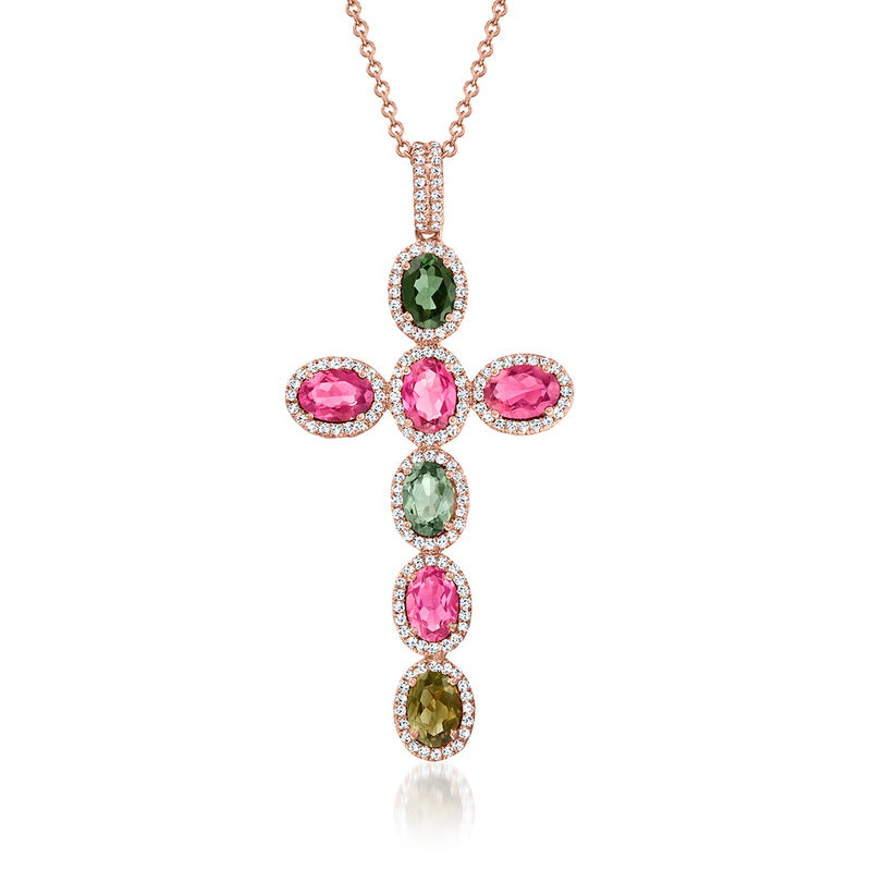14kt rose gold cross pendant necklace with multicolored tourmaline and diamond accents