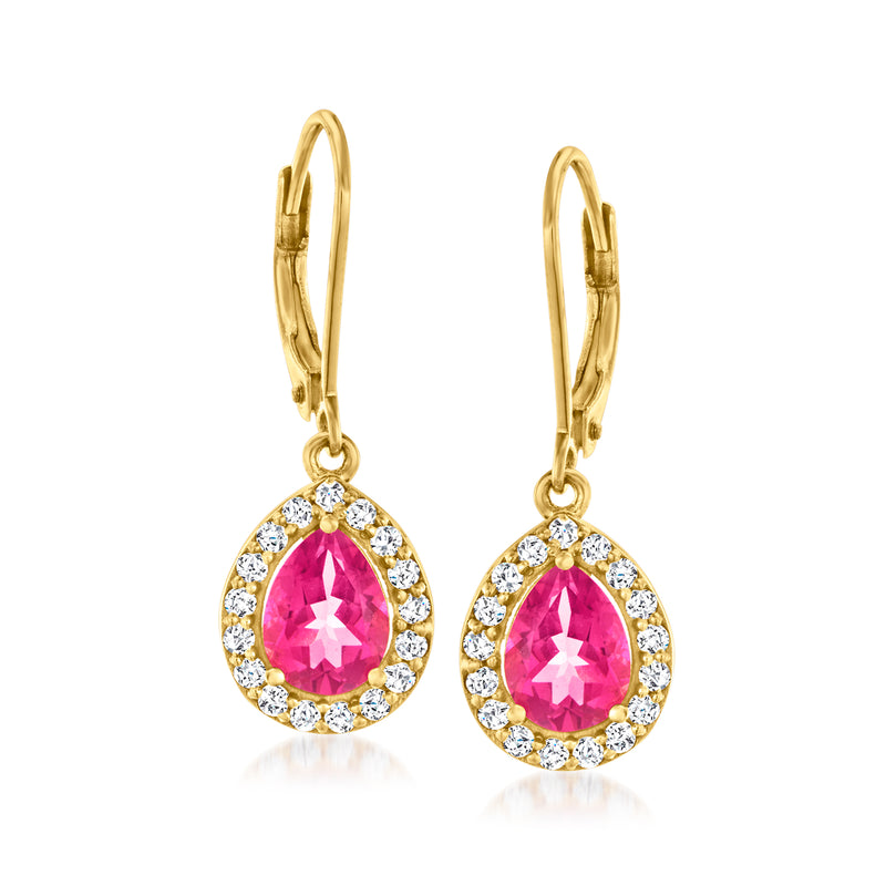 18kt gold over sterling leverback drop earrings with pink teardrop stone and zircon halo