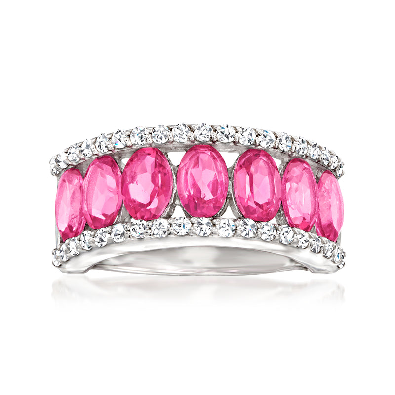 Sterling silver ring with pink oval topaz stones and crystal halo band