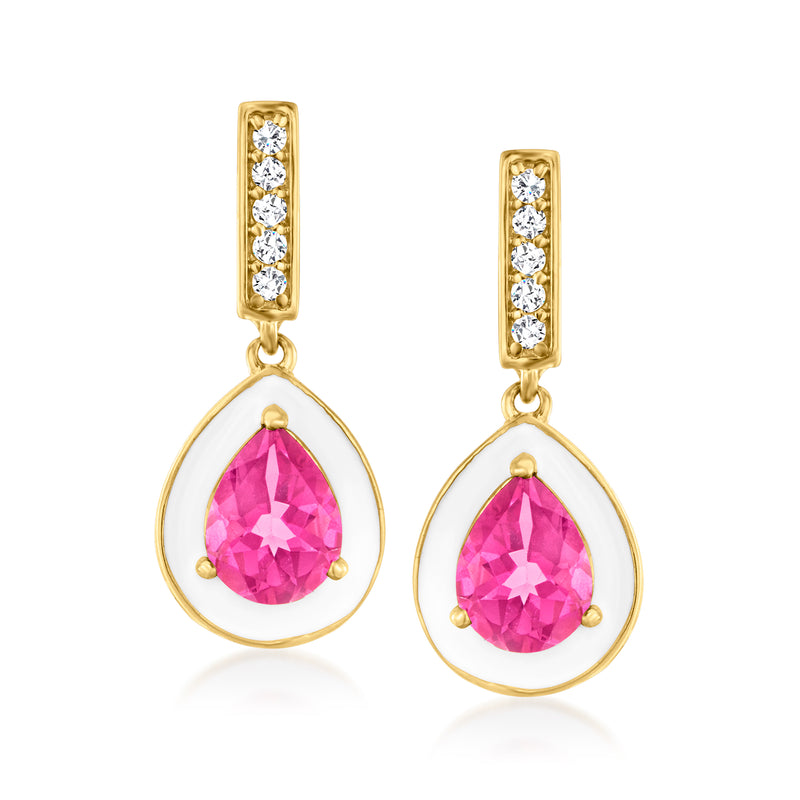 Gold drop earrings with pink teardrop gemstone, white enamel frame, clear stones
