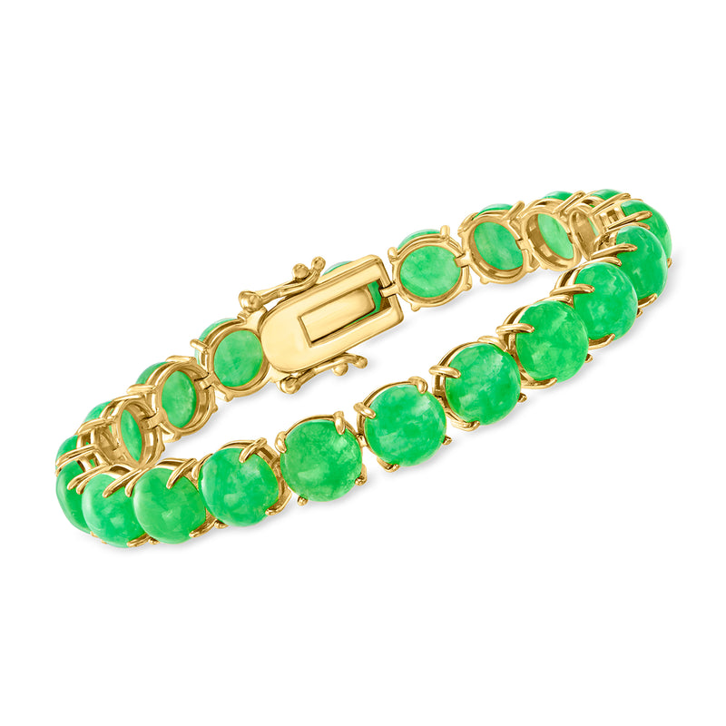 Green jade cabochon bracelet with gold over sterling links and box clasp
