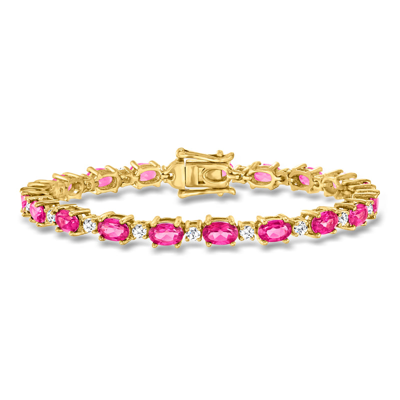 Gold tennis bracelet with pink and white oval gemstones and box clasp