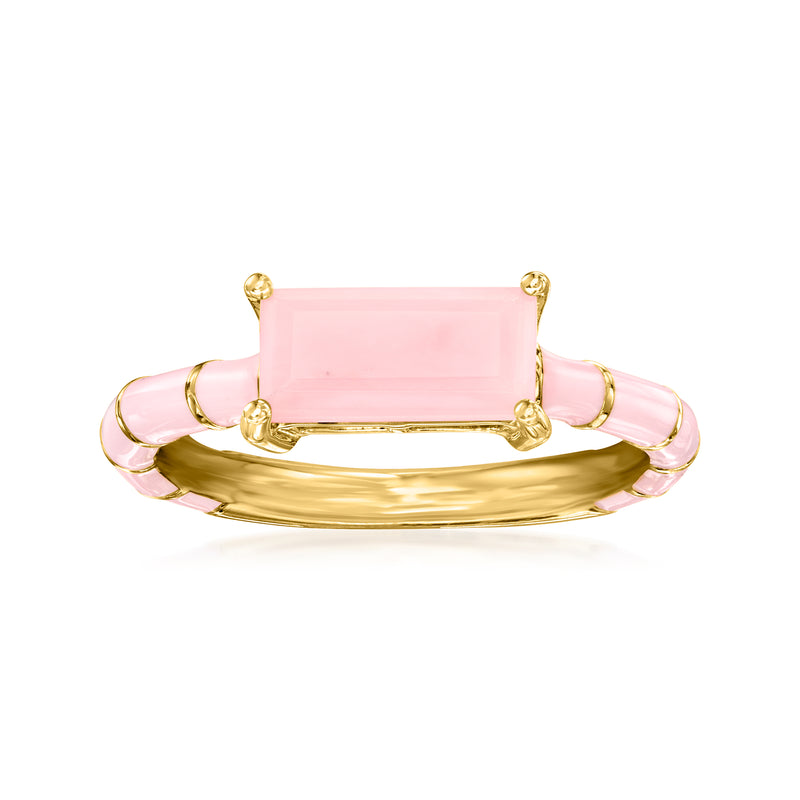 Pink opal and pink enamel ring with gold-tone prong-set rectangular stone