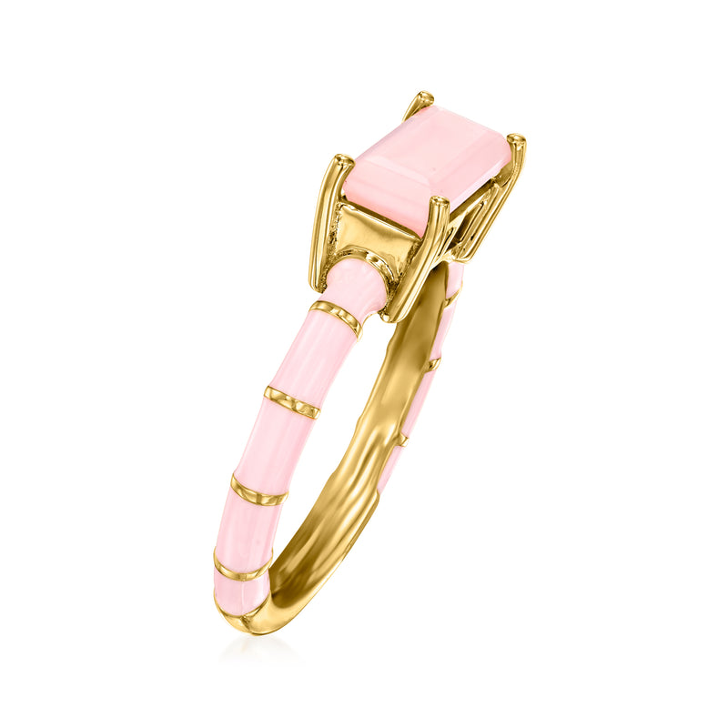 Gold-tone pink enamel ring with rectangular pink stone and openwork band
