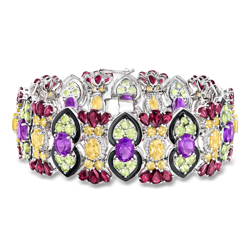 Sterling silver multi-gemstone bracelet with black enamel links and oval stone centers