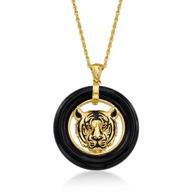 Gold-tone chain necklace with round black enamel tiger head pendant