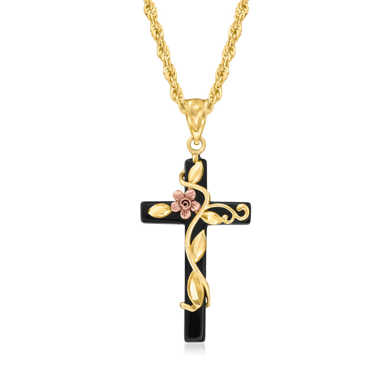 Two-tone 14kt gold cross pendant with black enamel and floral accents