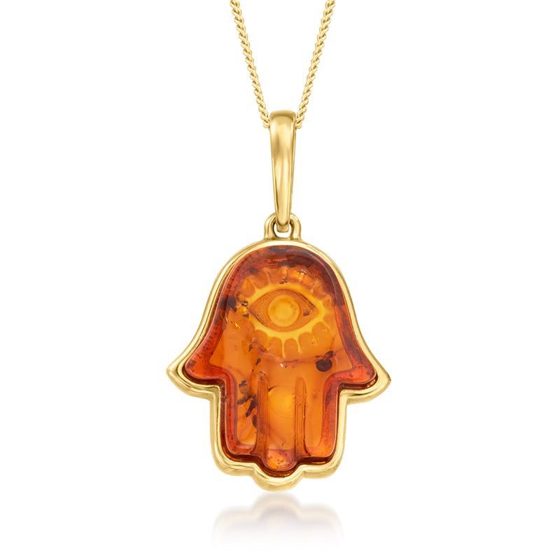 Gold over sterling hamsa pendant necklace with amber-colored glass hamsa charm