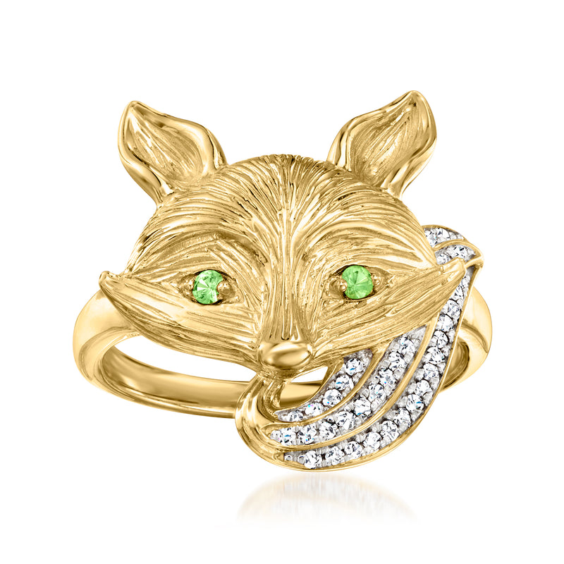 Fox ring in gold over sterling with green eyes and diamond-accented tail
