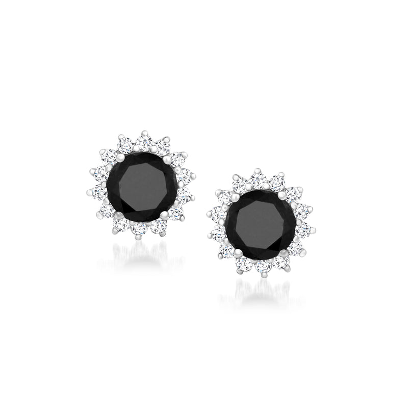 Sterling silver post earrings with black round center stones and white diamond halo, stud back