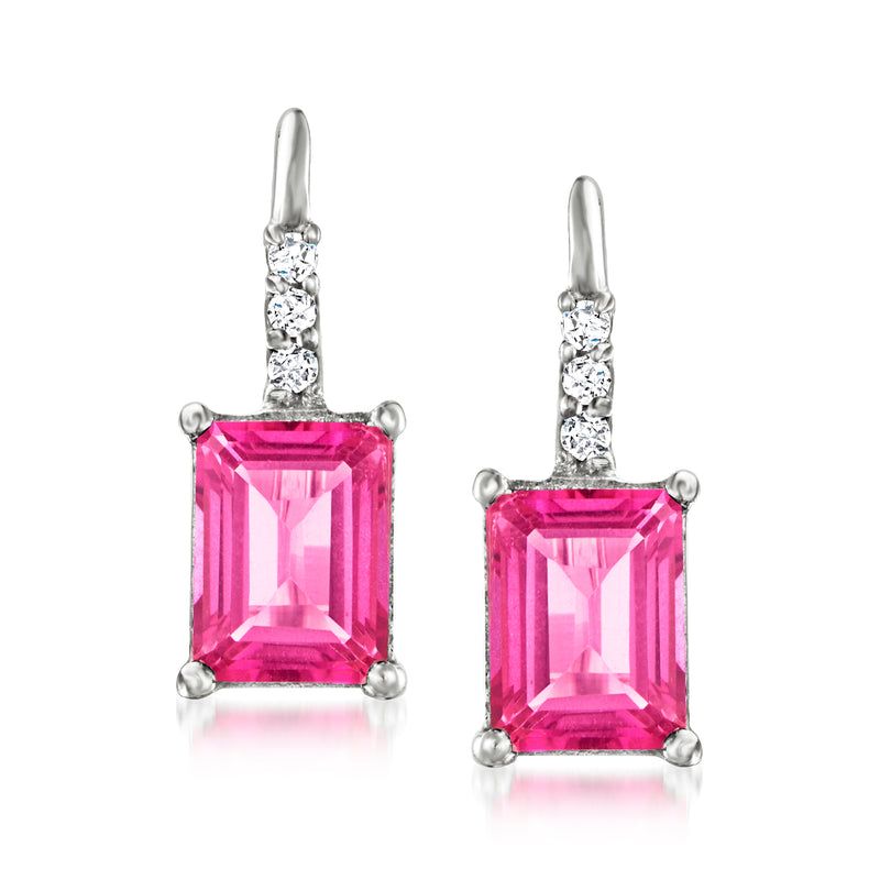 Sterling silver leverback drop earrings with square-cut pink and clear stones