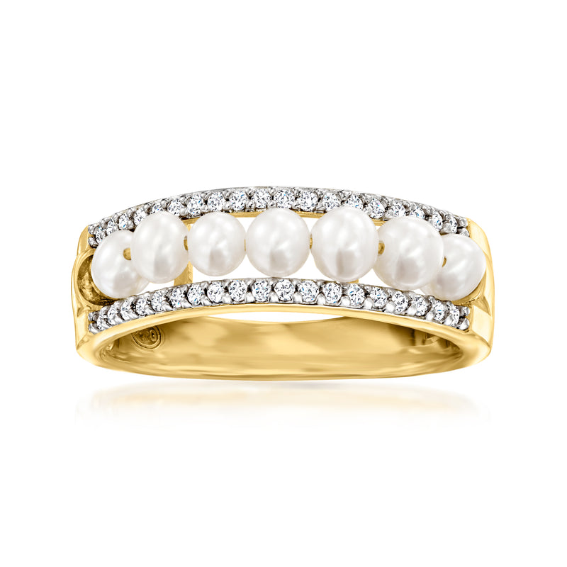18kt gold-over-sterling ring with five white cultured pearls and clear CZ halo