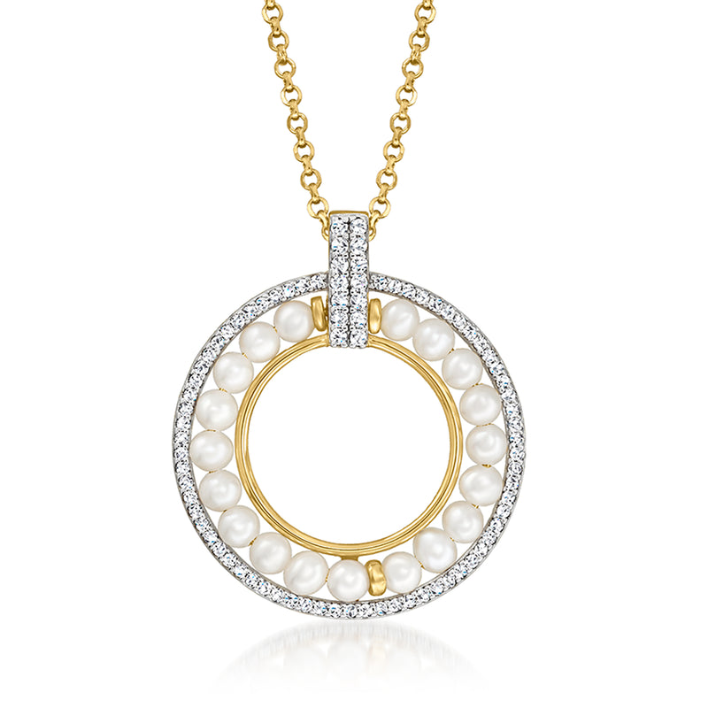 Gold circle pendant necklace with cultured pearls and CZ halo detail