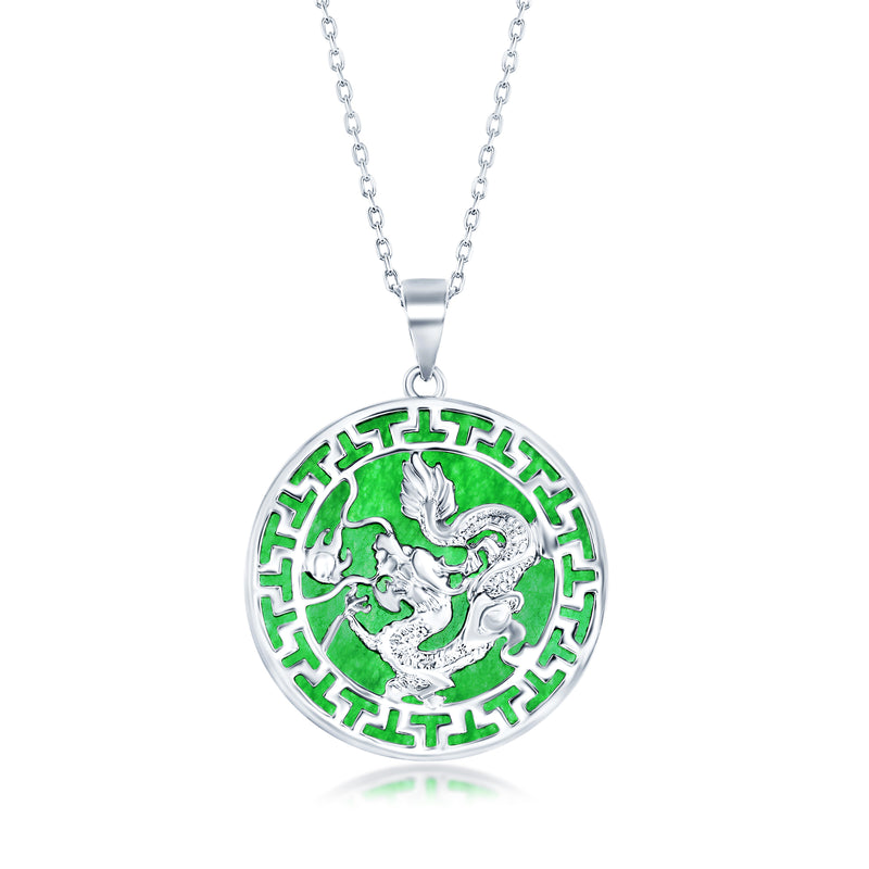 Sterling silver dragon pendant necklace with green quartz center and round Greek key frame