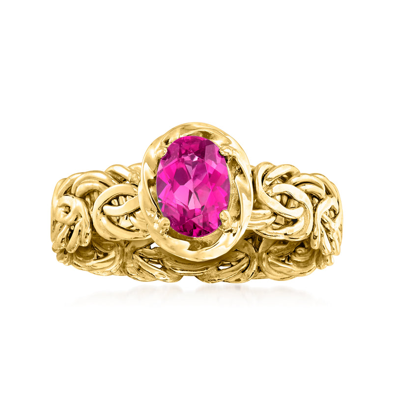 Pink oval topaz Byzantine ring in 18kt gold over sterling with ornate braided band