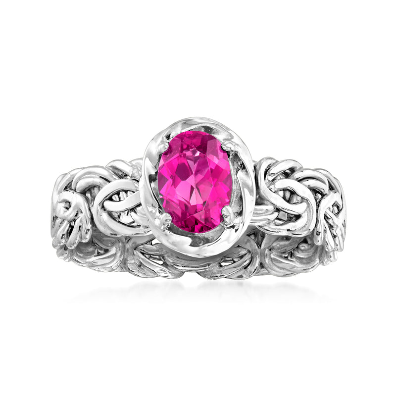 Sterling silver byzantine ring with oval pink topaz gemstone center