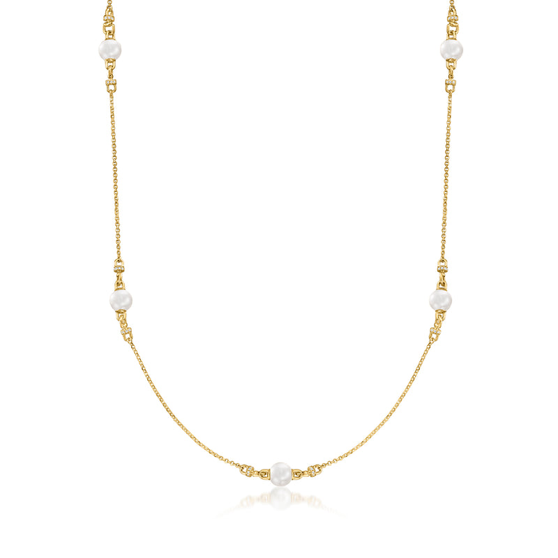 18kt gold over sterling necklace with round cultured pearl drops and small CZ stations
