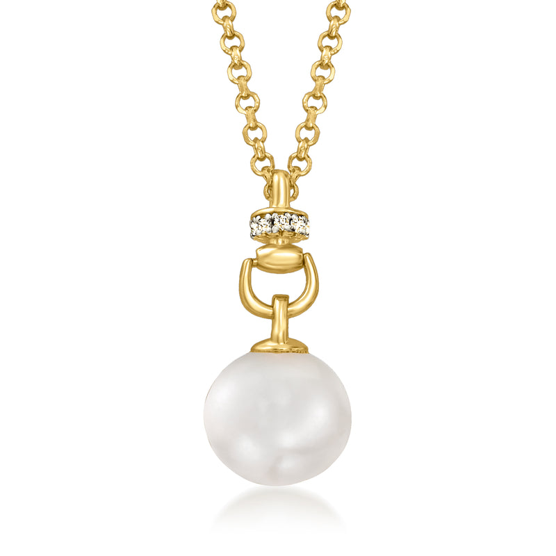 Round white cultured pearl pendant necklace with diamond-set gold cap in 18kt gold