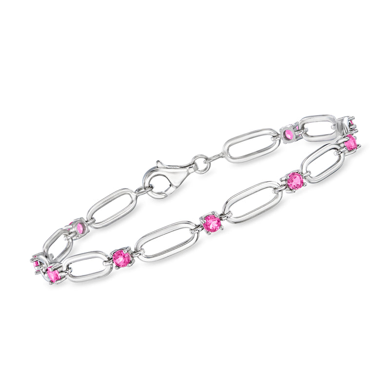 Sterling silver paperclip link bracelet with pink topaz-style stones