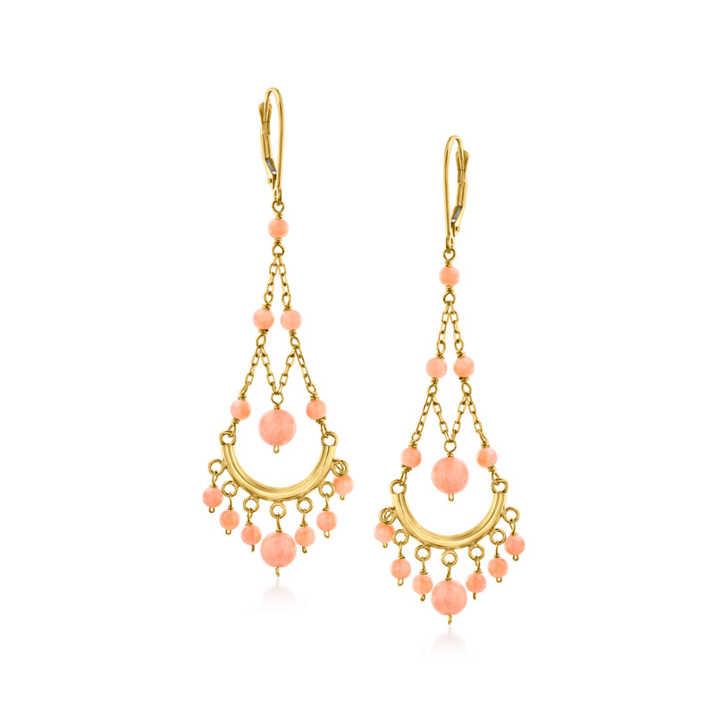 Coral chandelier earrings in 14kt yellow gold with dangling beads