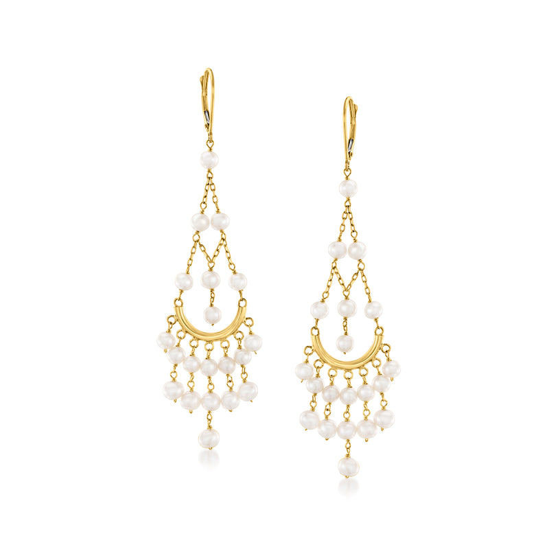 14kt yellow gold leverback chandelier earrings with clustered 3.5–4.5mm cultured pearls