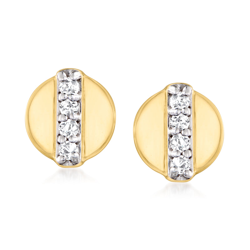 14kt yellow gold diamond circle stud earrings, vertical diamond bar, post back