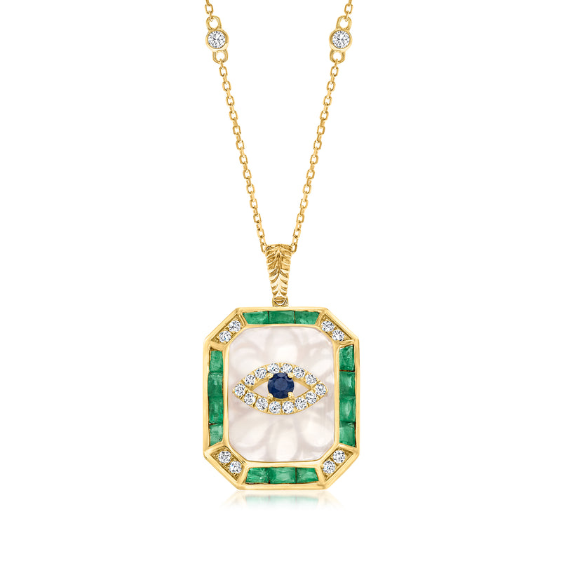 Yellow gold evil eye pendant necklace with square green stones and diamond accents