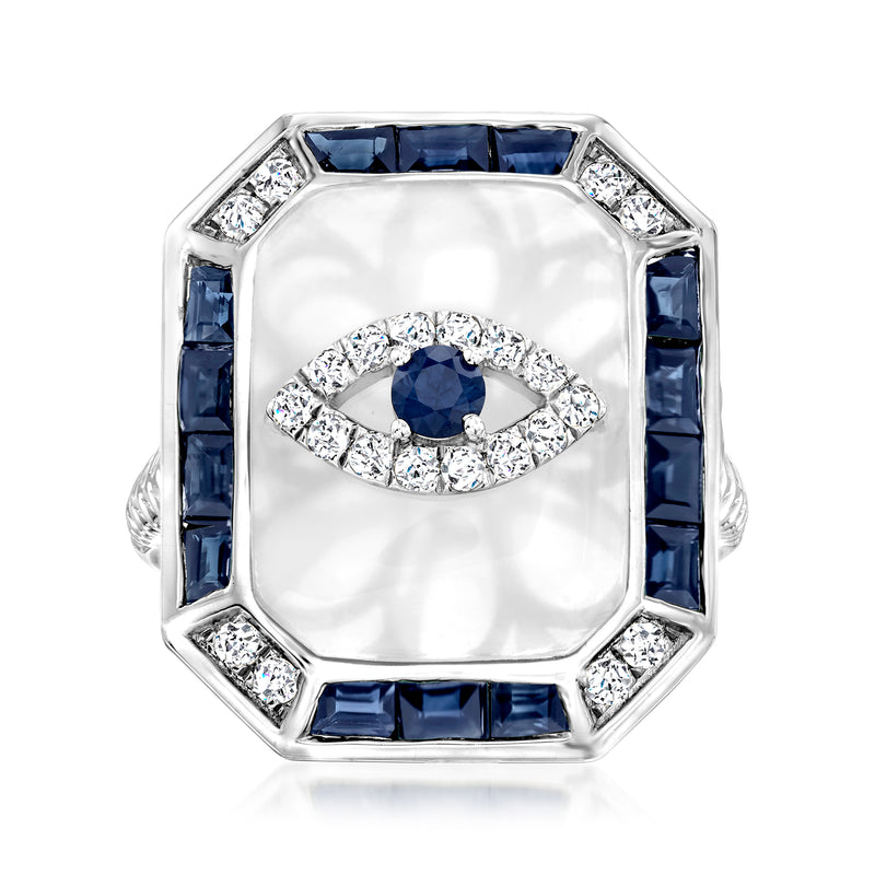 14kt white gold evil eye ring with blue sapphire center and diamond surround