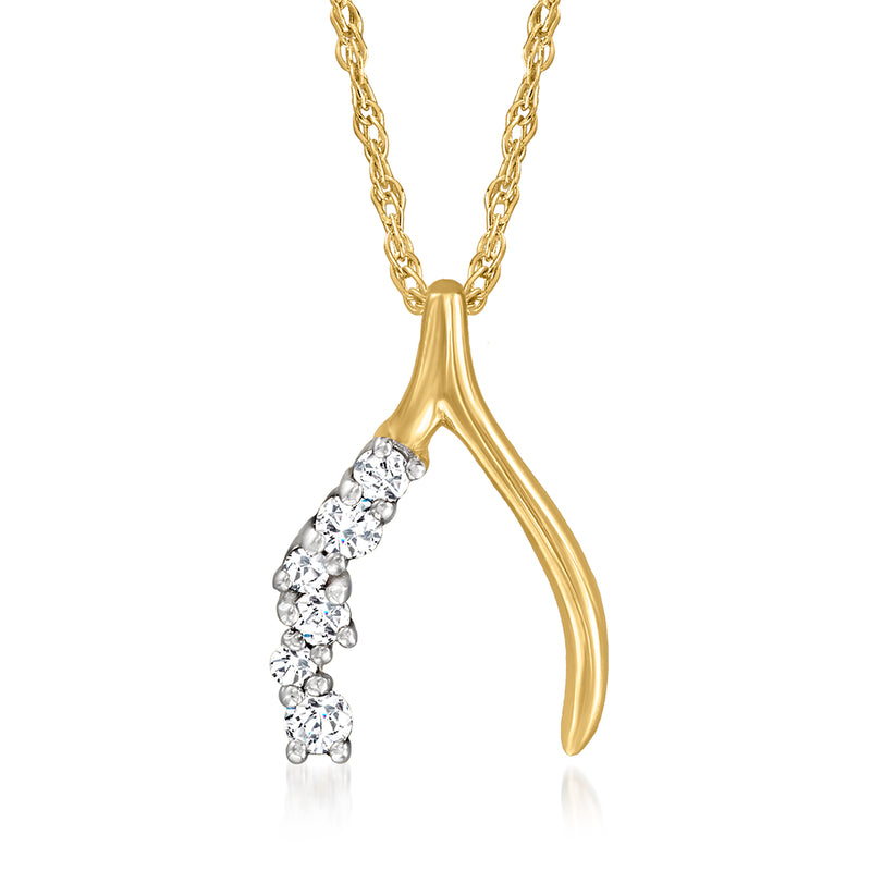 14kt yellow gold wishbone pendant necklace with round diamond accents