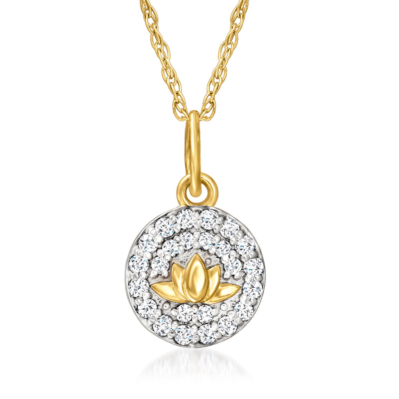 14kt yellow gold diamond halo lotus circle pendant, round medallion with gold lotus center