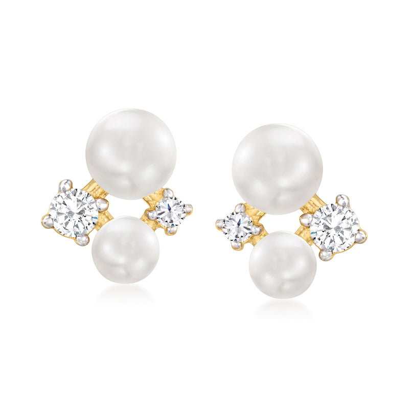 Gold-tone cultured pearl and CZ cluster stud earrings with post backs