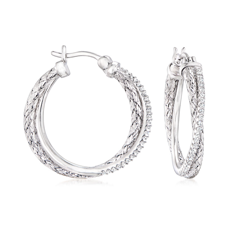 Sterling silver double-hoop CZ earrings with textured inner and outer hoops