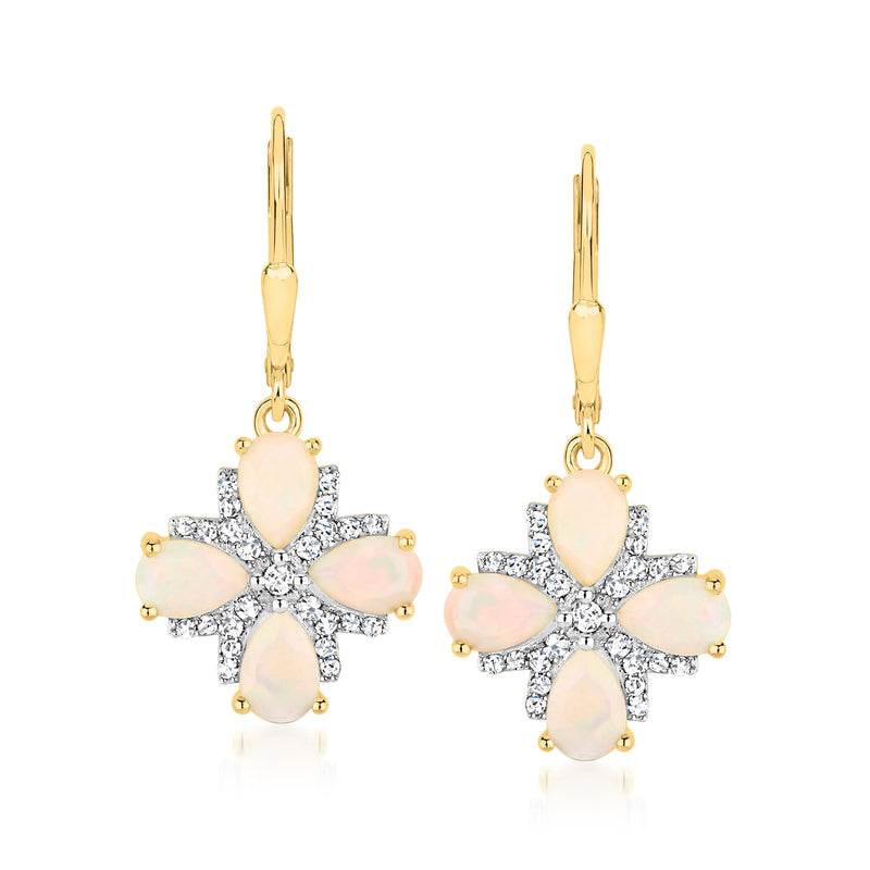 Gold leverback flower drop earrings with opal teardrop petals and clear accents