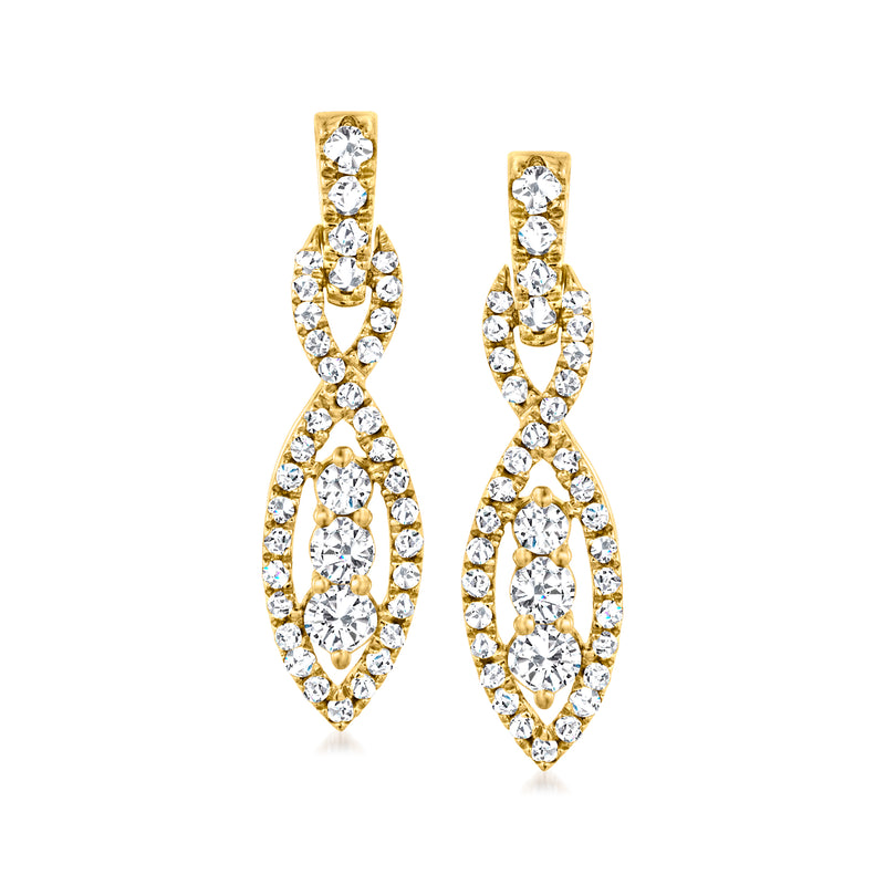 Gold drop earrings with navette-cut diamond clusters, oval teardrop shape