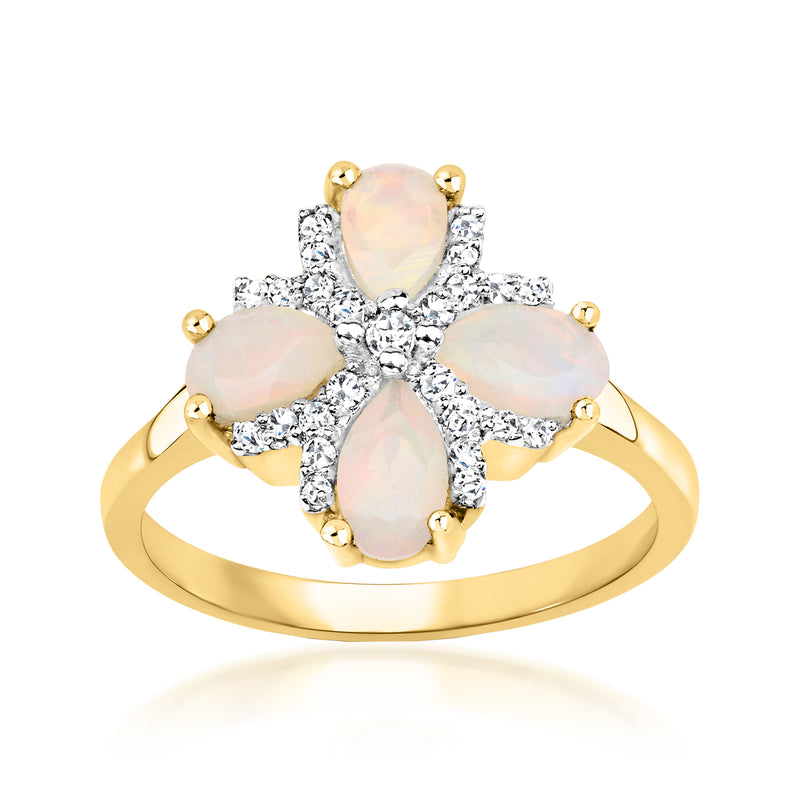 Gold over sterling opal flower ring with five teardrop opal stones and white sparkle