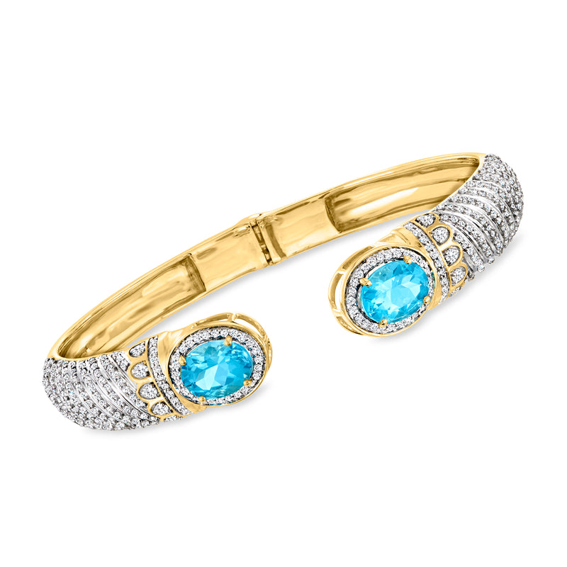 18kt gold over sterling topaz cuff bracelet with oval Swiss blue and white stones