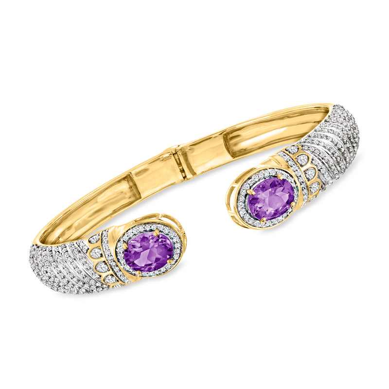 18kt gold over sterling amethyst and white topaz open cuff bracelet with oval purple stones