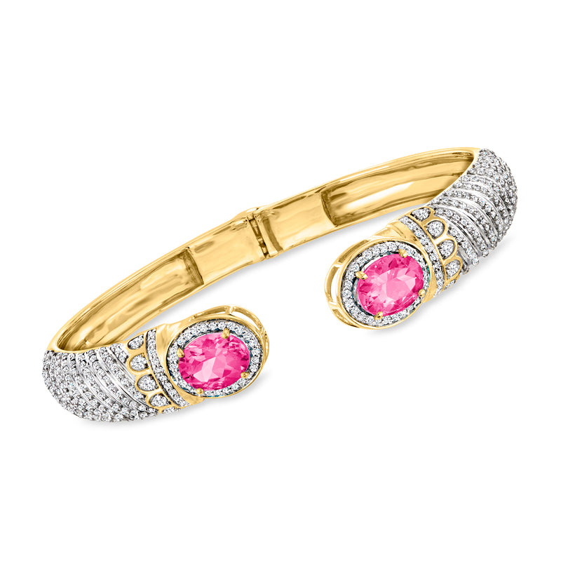 Gold over sterling cuff bracelet with pink center gemstones and white diamond-like halos
